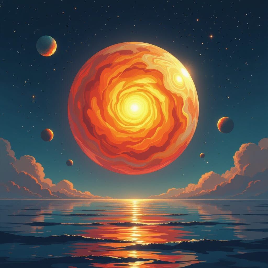 Colossal Sun in Starry Void as Neo-Impressionist Painting