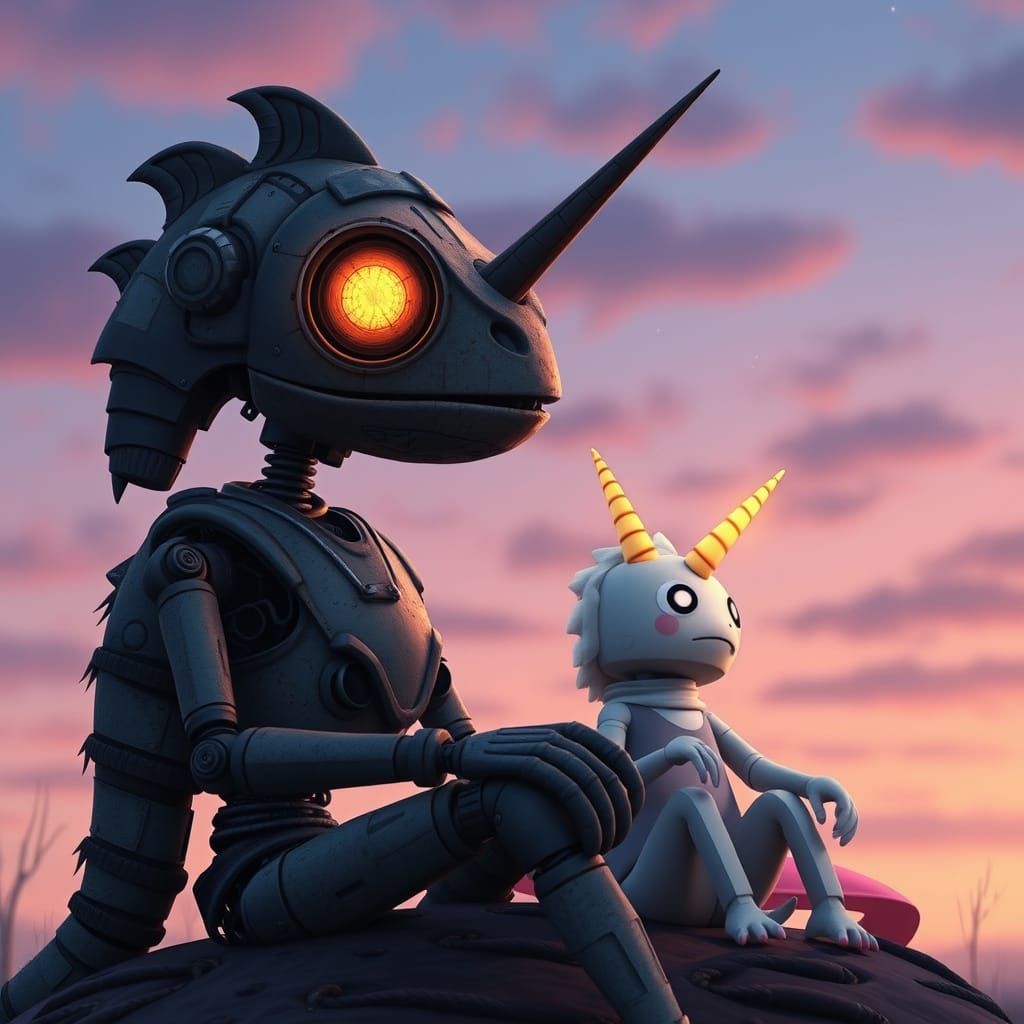 Chameleon Robot and Grandson Under Twilight Sky