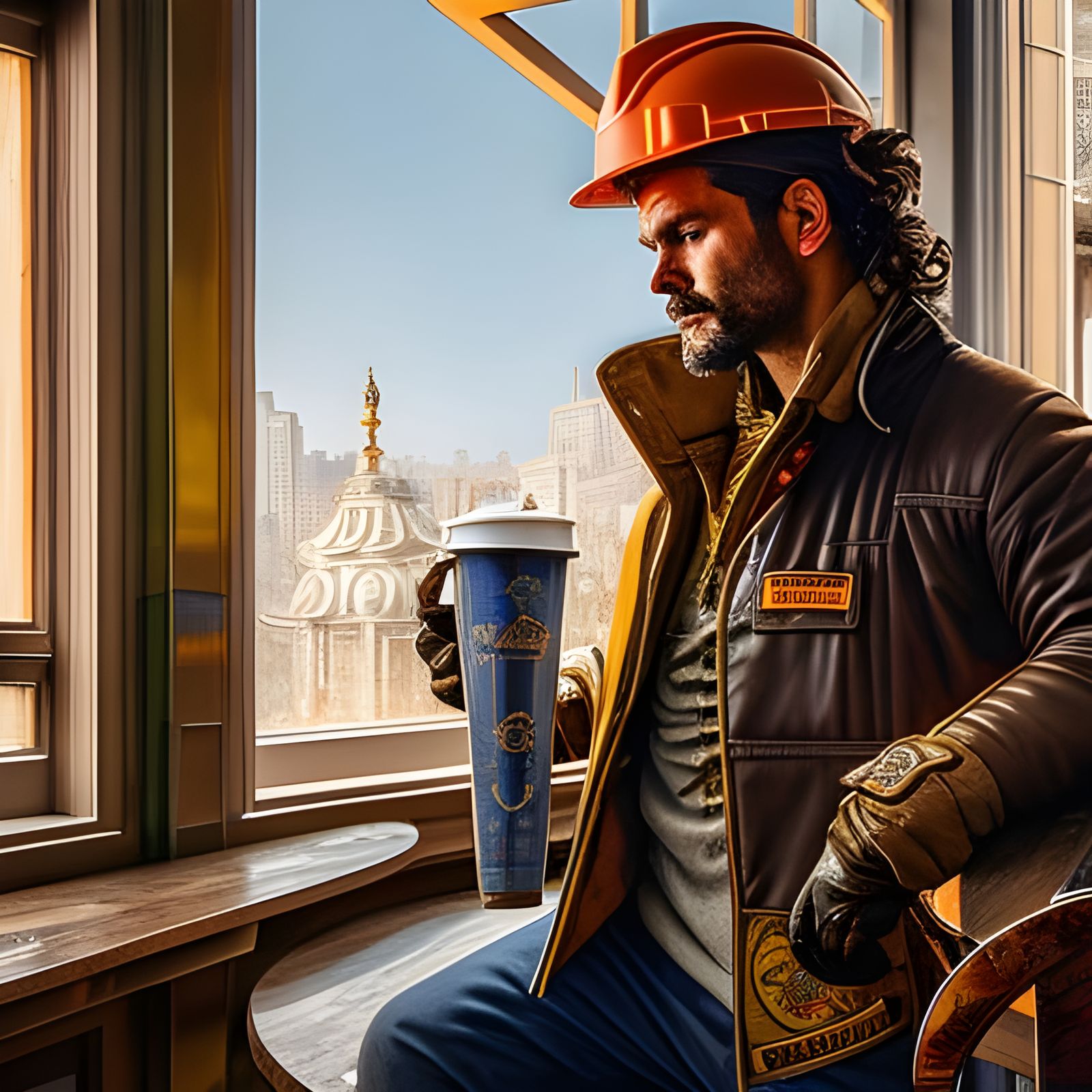 Construction Worker at Café, Rococo Style, Hyperdetailed