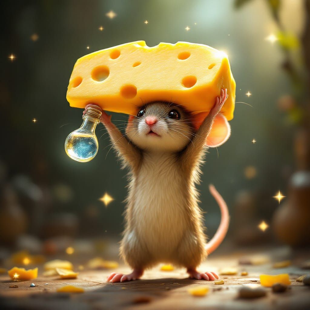 Whimsical Mouse Holds Magic Potion and Giant Cheese
