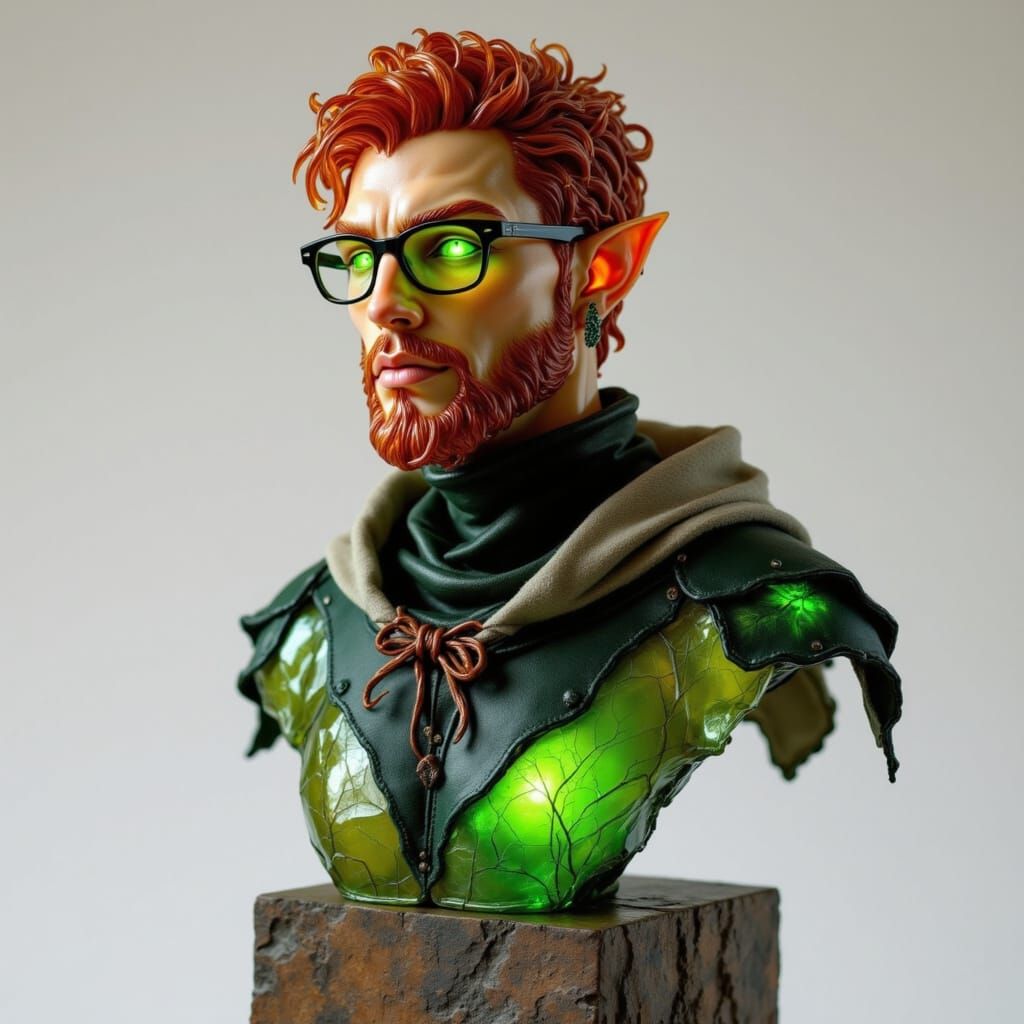 Half-Elf Blown Glass Bust with Glowing Eyes