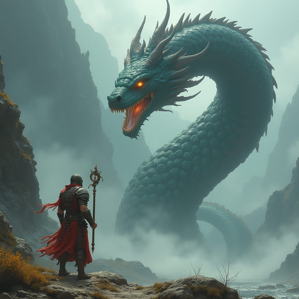 Norse Hero Battles the Midgard Serpent in a Vibrant Fantasy ...