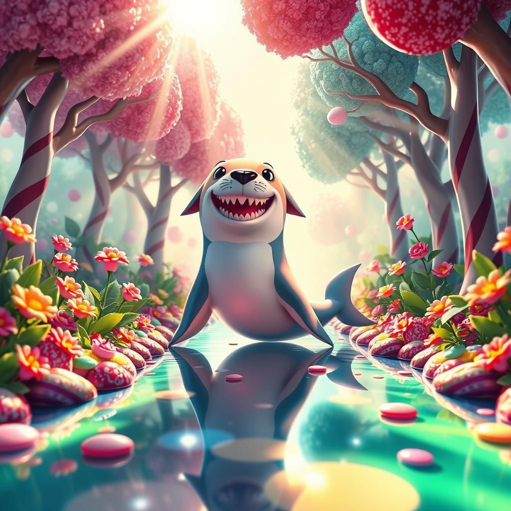 Candy-Coated Hybrid Creature in Whimsical Garden