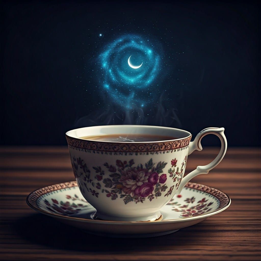 Cosmic Tea Cup Still Life, Cinematic Style