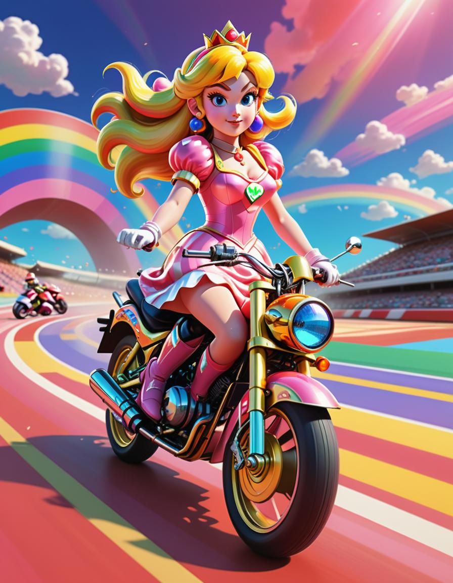 Princess Peach on Motorbike, Vibrant Digital Art