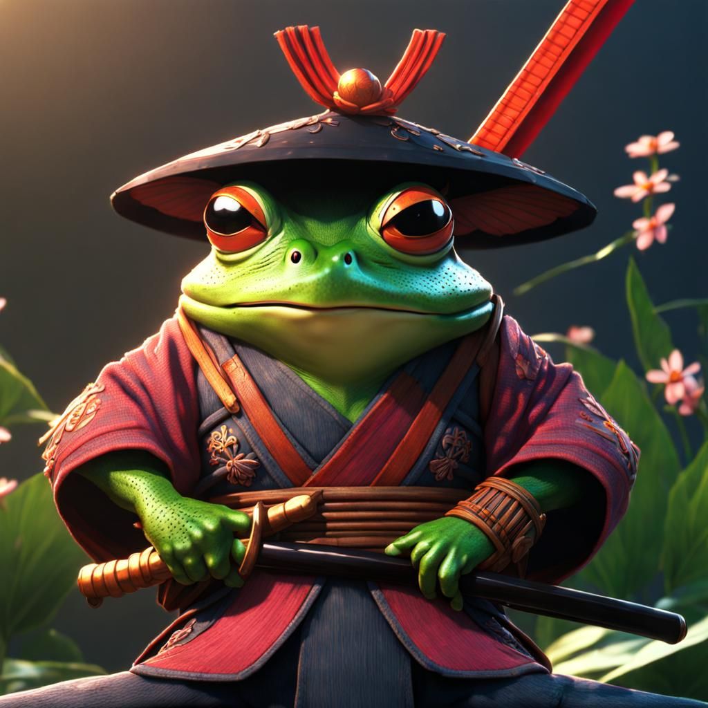 Samurai Frog with Katana in Ghibli Animation Style