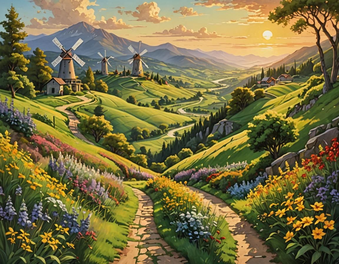 Scenic Mountain Path with Windmills: Impressionist Style