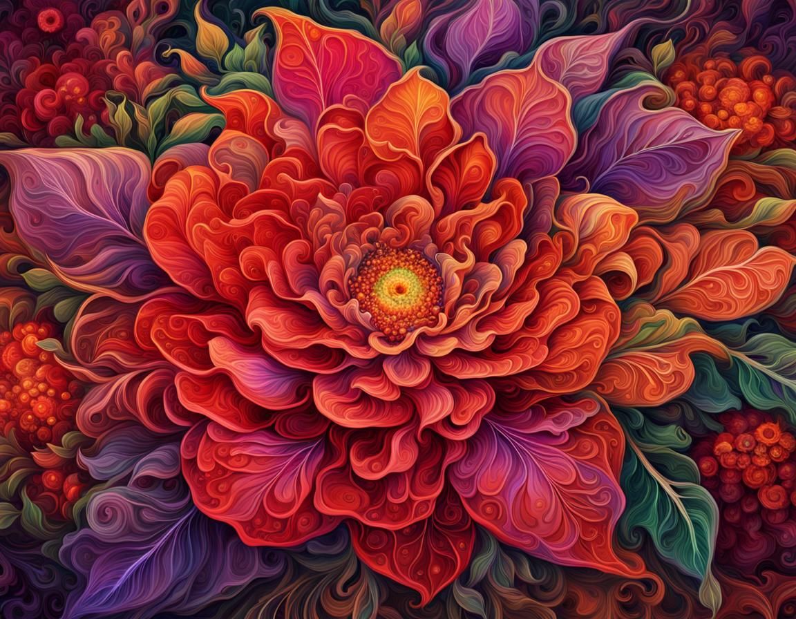 Intricate Red Flower Digital Painting in Fantasy Art Style