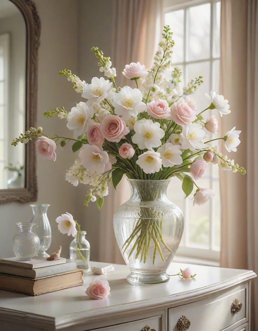 Elegant Painterly Vase Scene with Spring Blooms