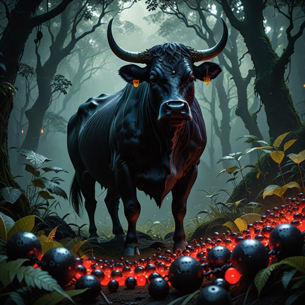 Giant Red Beads Crush a Cow in Ancient Forest