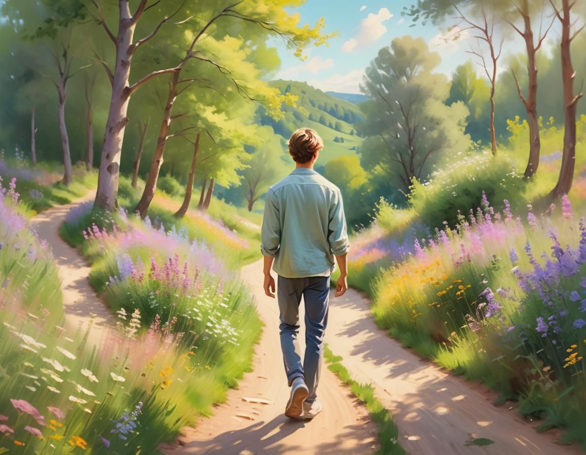 Impressionist Painting of Man in Sunny Landscape