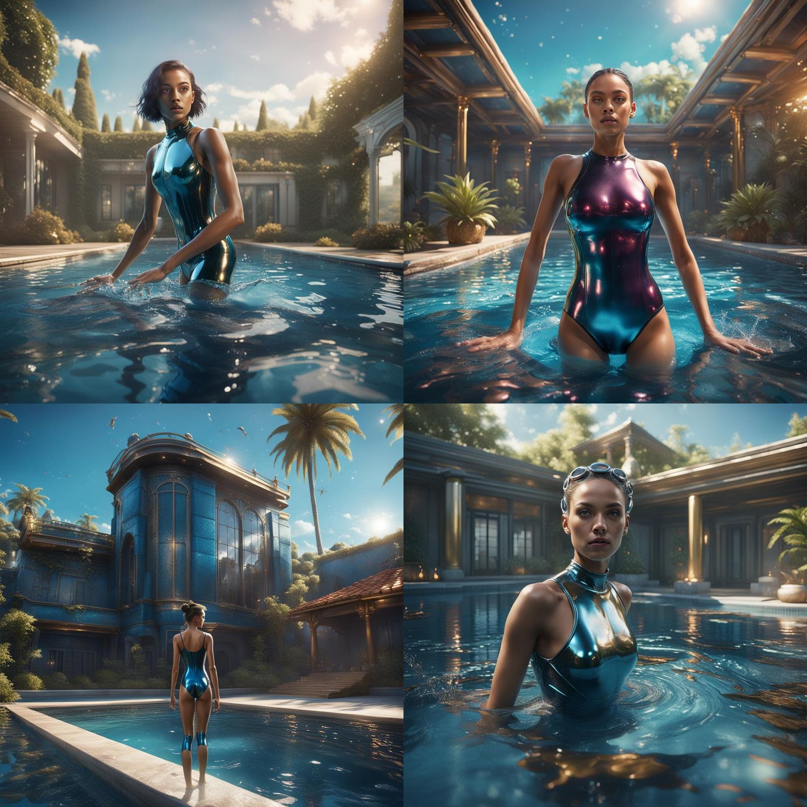 Chrome Swimsuit: Woman Swimming in Private Pool