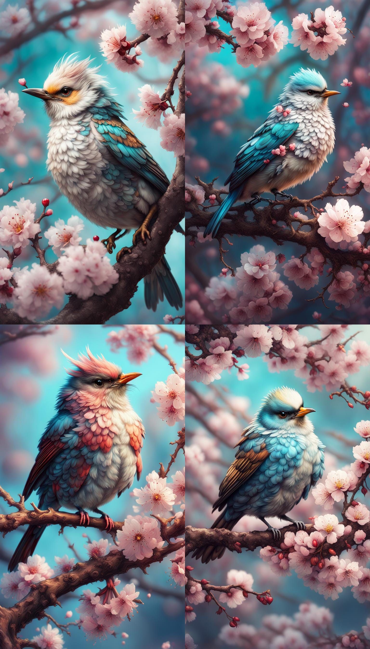 Cute Bird with Cherry Blossoms: Fantasycore Artwork