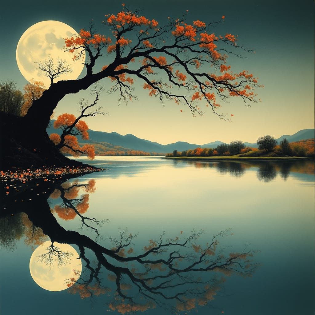 Autumn Equinox River Scene in Suminagashi Style