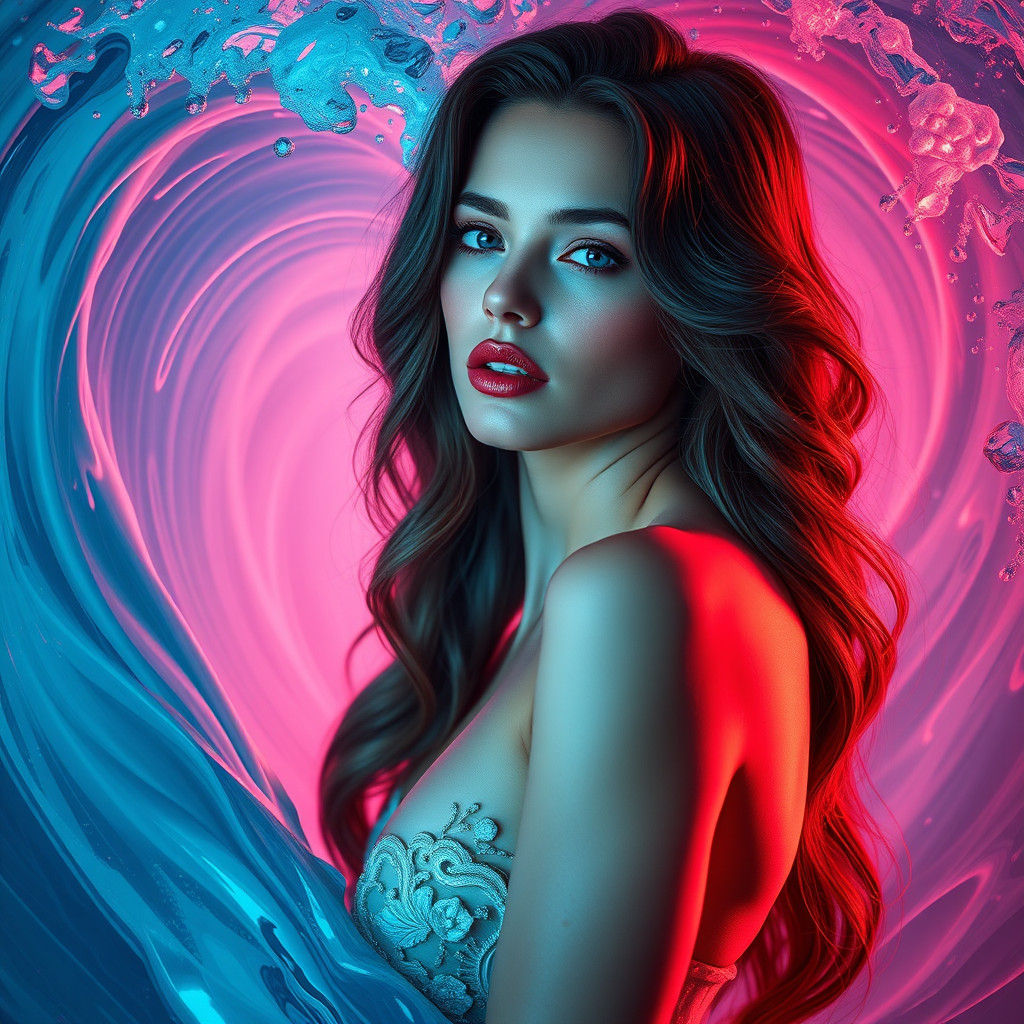 Woman in Pink Wave: Digital Art Portrait