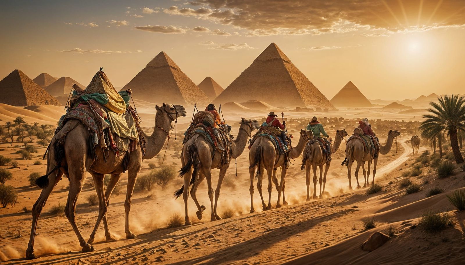 Desert Caravan Approaching Oasis with Pyramids