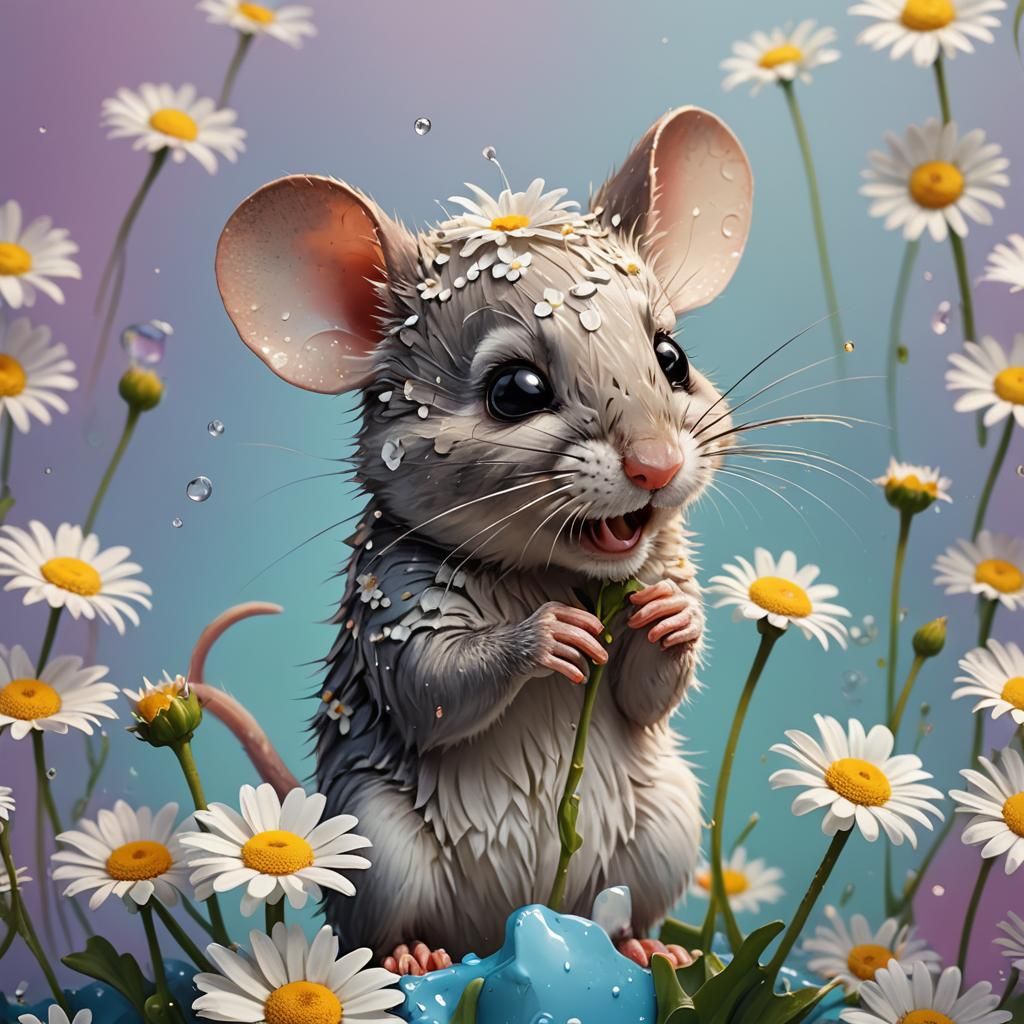 Kawaii Mouse with Daisy in Hyperrealistic Style