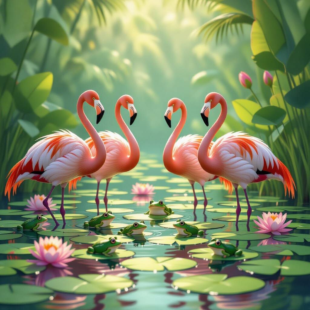 Rainbow Flamingos Pose Elegantly in Lily Pad Pond