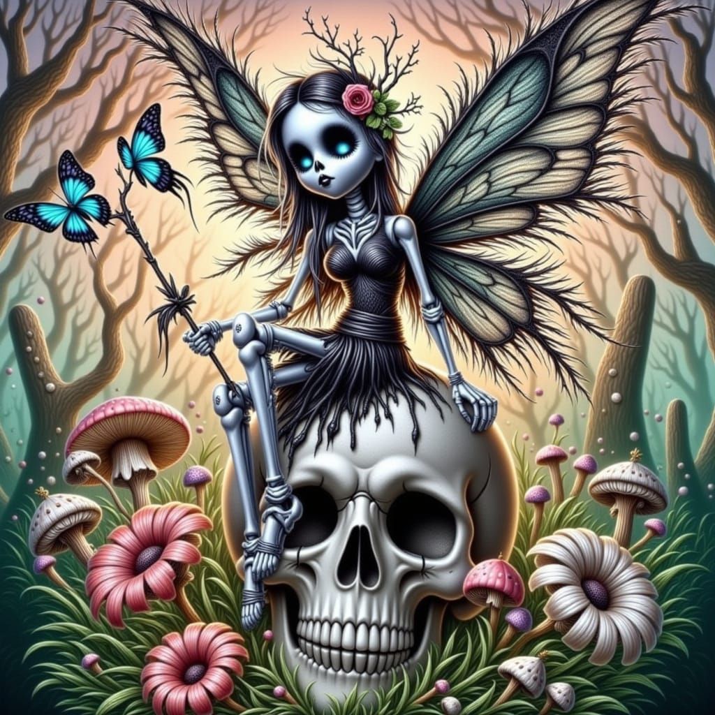 Skeleton Fairy Perched on Bioluminescent Mushroom