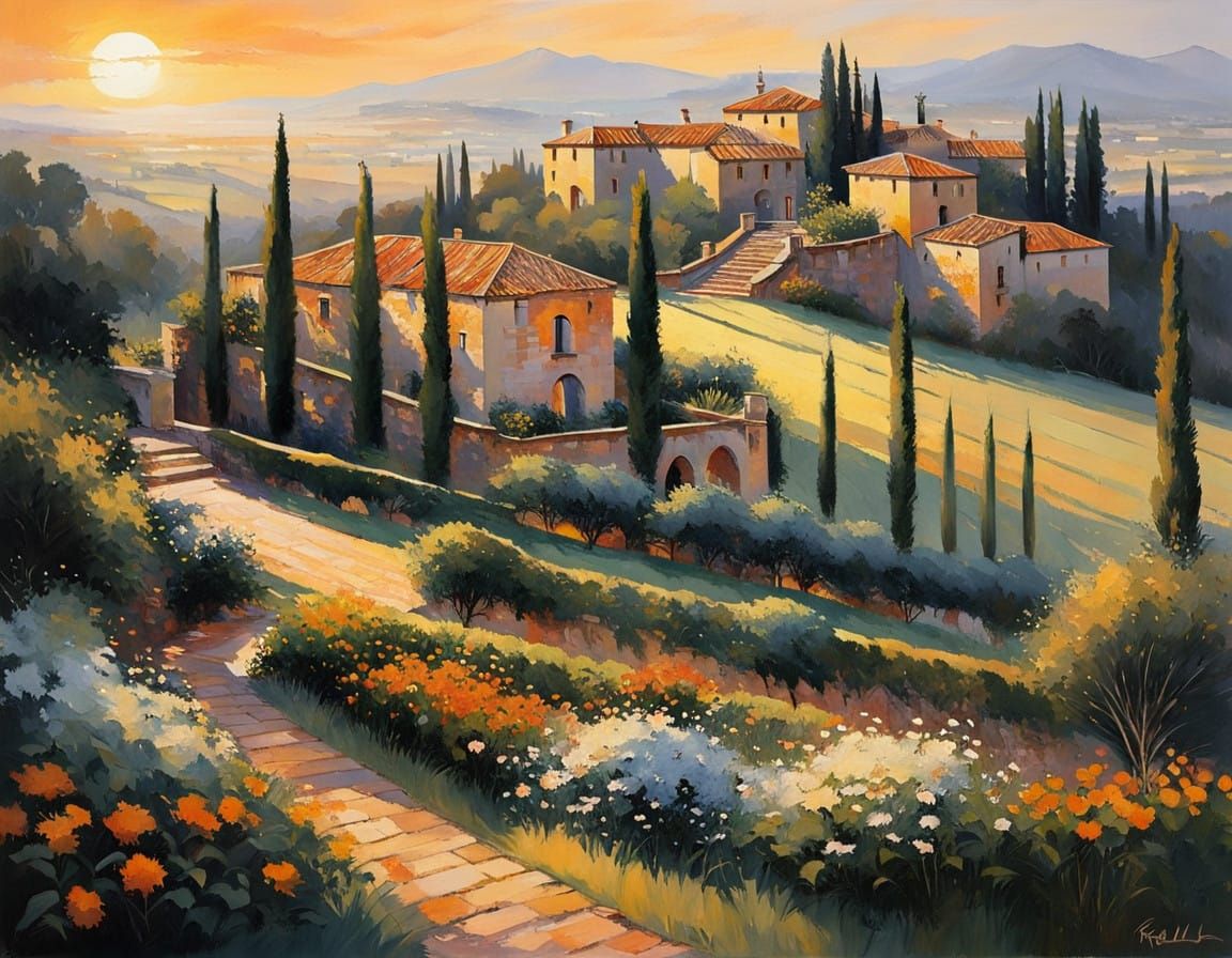 Impressionist Garden Sunset in Tuscany