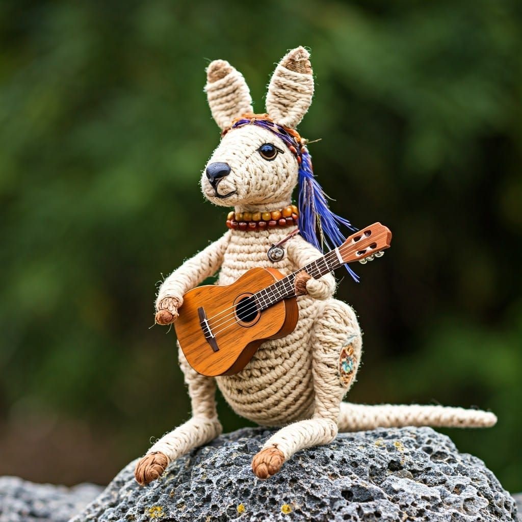 Macrame Kangaroo Hippie Playing Guitar