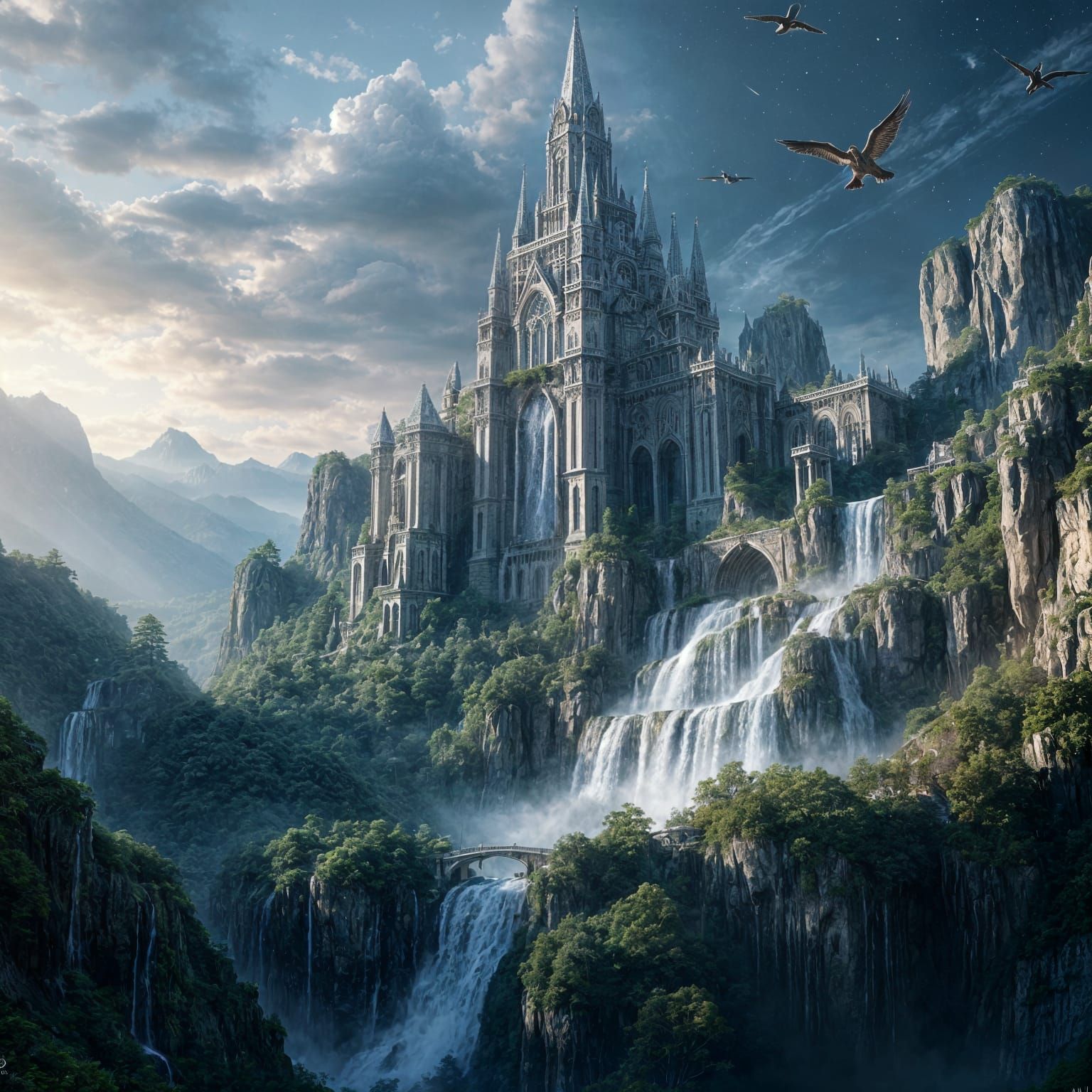 Crystal Castle Waterfall in Hyperrealistic Style