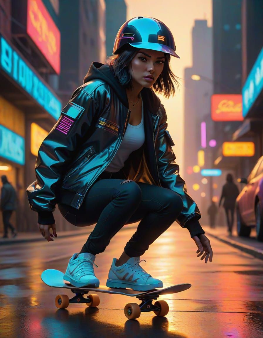 Cyberpunk Skater Girl in Golden Hour