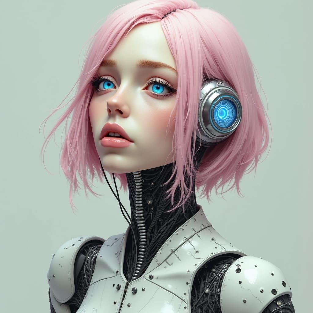 Cybernetic Goddess with Soft Pastel Pink Hair