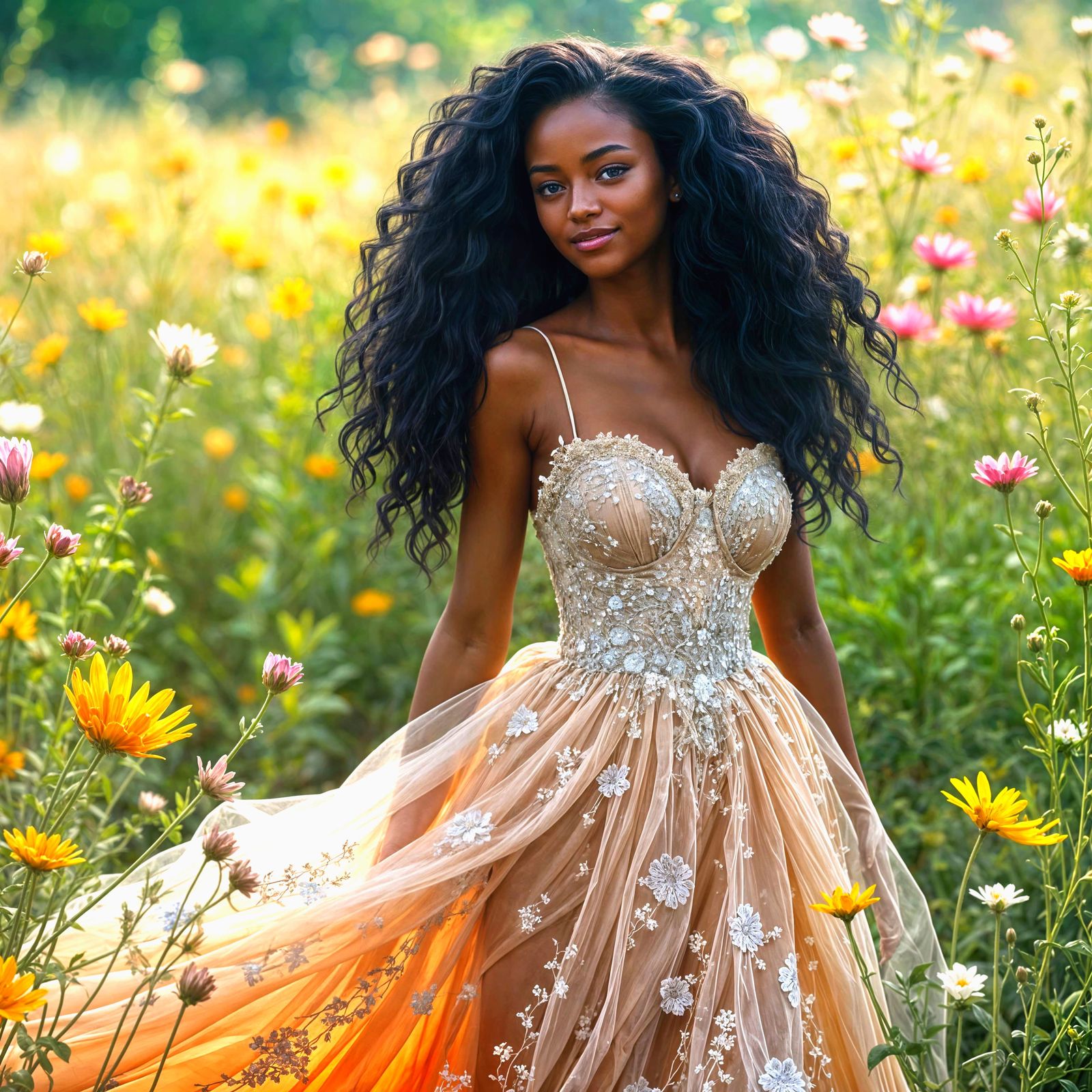 Dark-Skinned Beauty in Vibrant Wildflowers