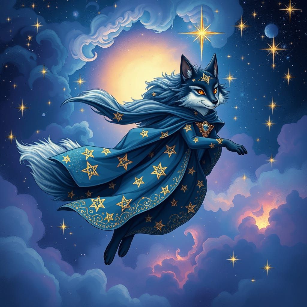 Celestial Fox Leaps Through Nebula in Art Nouveau Style