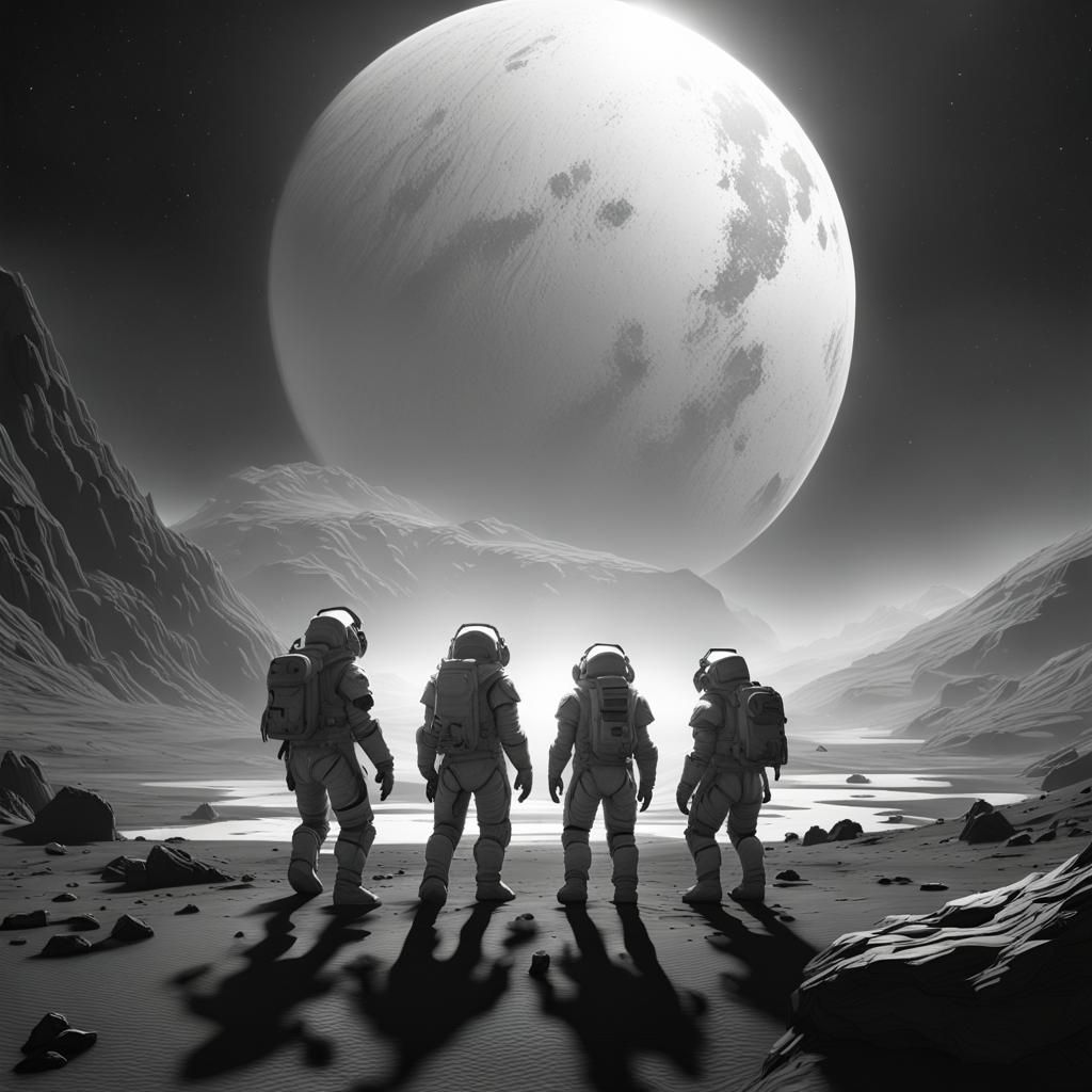 Astronauts Discover Luminescent Planet: Dark Fantasy Art