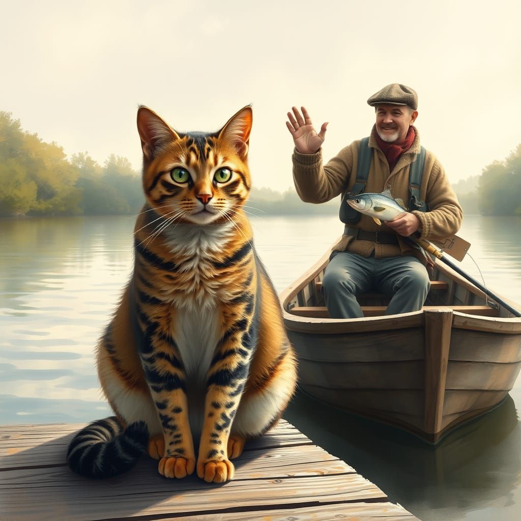Ginger Manx Cat Watches Fisherman on Lake