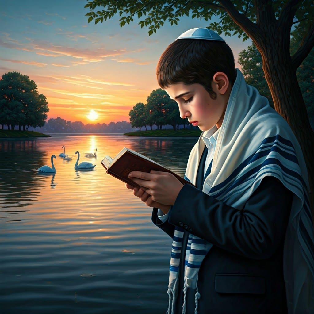 Ultra-Orthodox Boy in Serene Lake Landscape