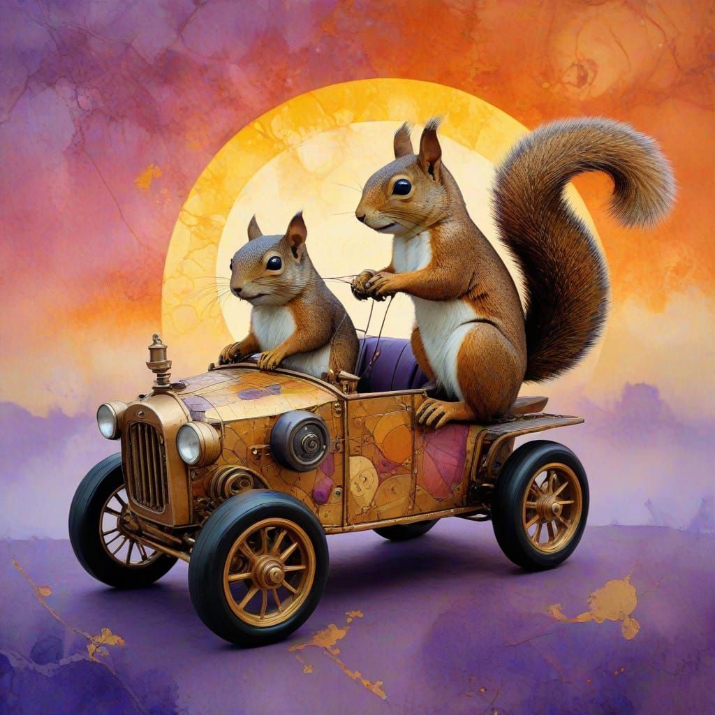 Steampunk Space Traveling Squirrels in a Sunset Hues Art Pie...