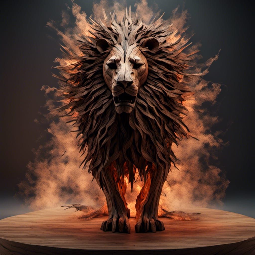 Fiery Mane on Wooden Lion: Hyperrealistic 8K