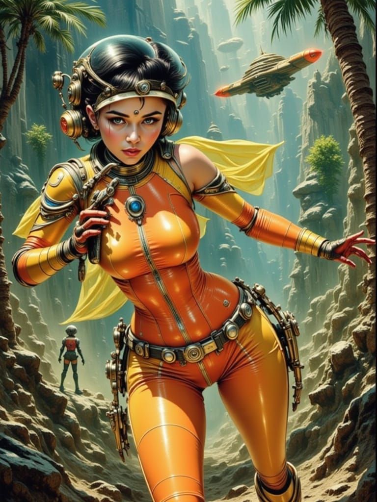 Retro-Futuristic Space Girl with Bazooka on Alien Planet