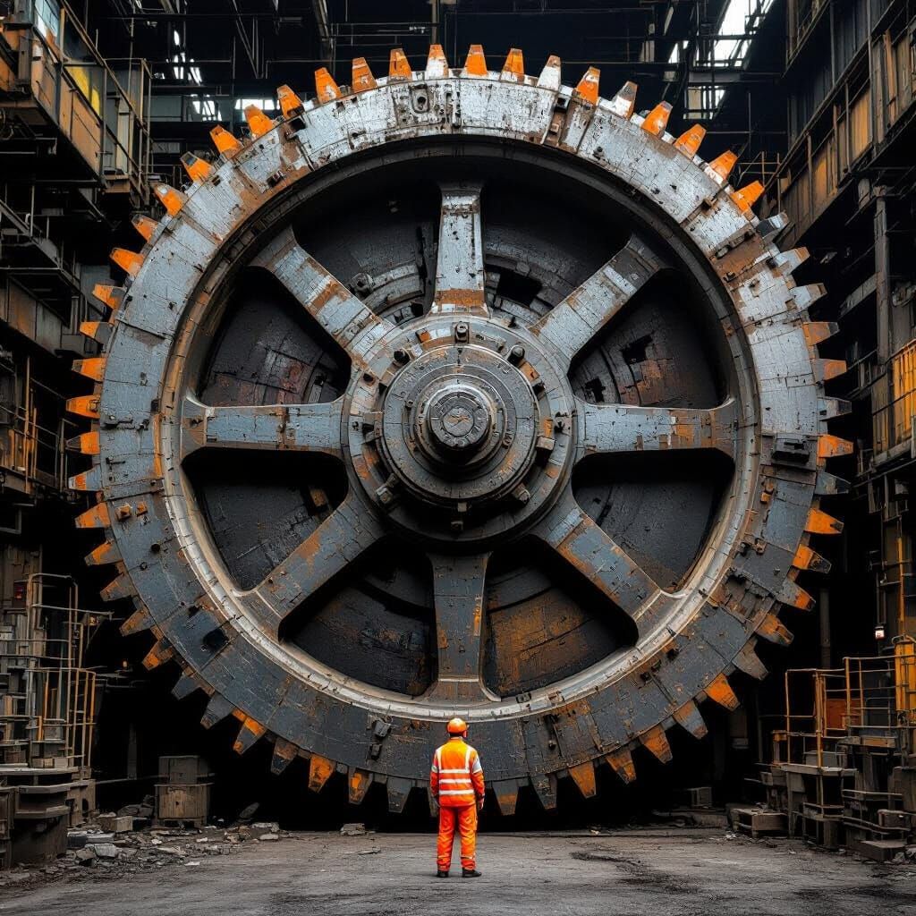 Massive Industrial Machine Gears vs Small Worker Scale Compa...