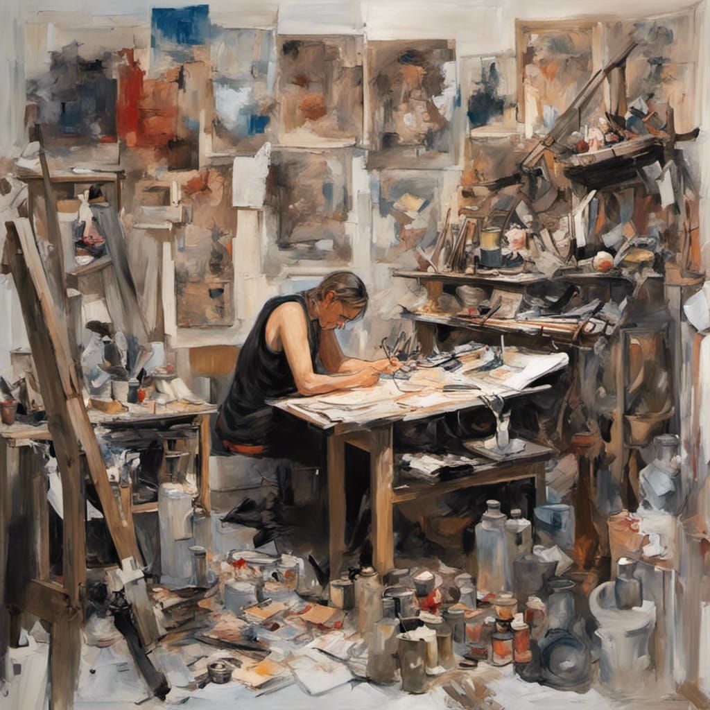Tormented Artist in Cluttered Studio by Candlelight