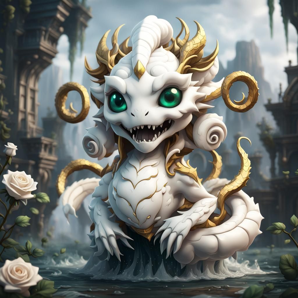 Chibi White Rose Hydra: Detailed Fantasy Art