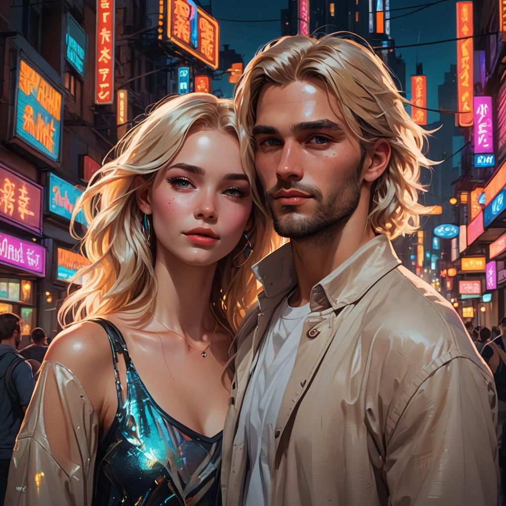 Woman in Neon Cityscape: Hyperdetailed Portrait