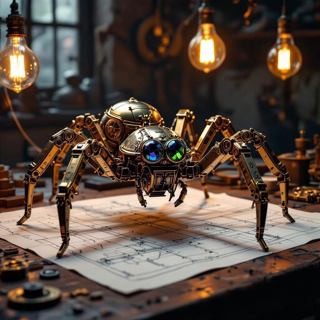 Intricate Mechanical Spider on Engineer's Workbench