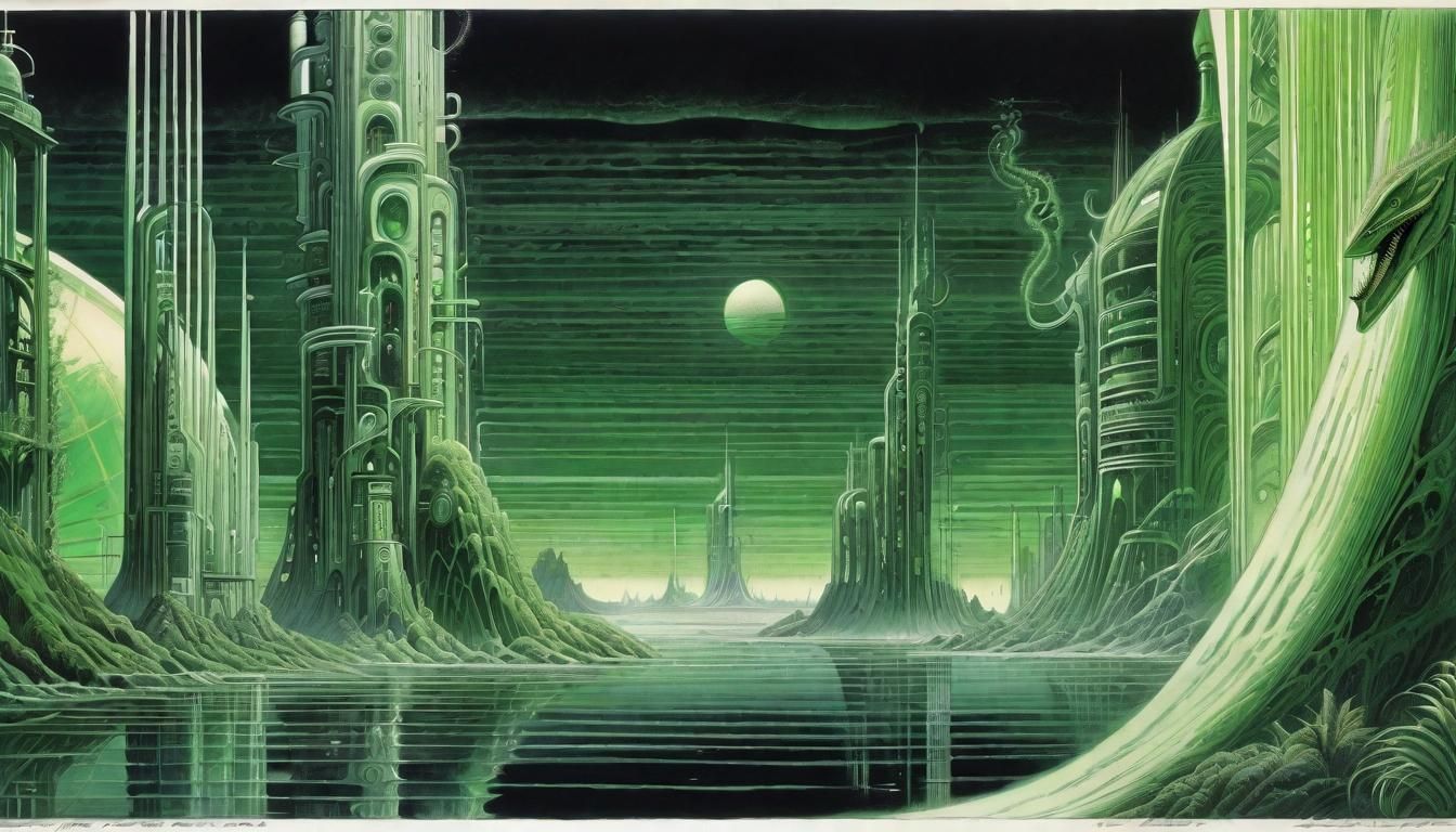 Surreal Green Landscape with Radioactive Entities