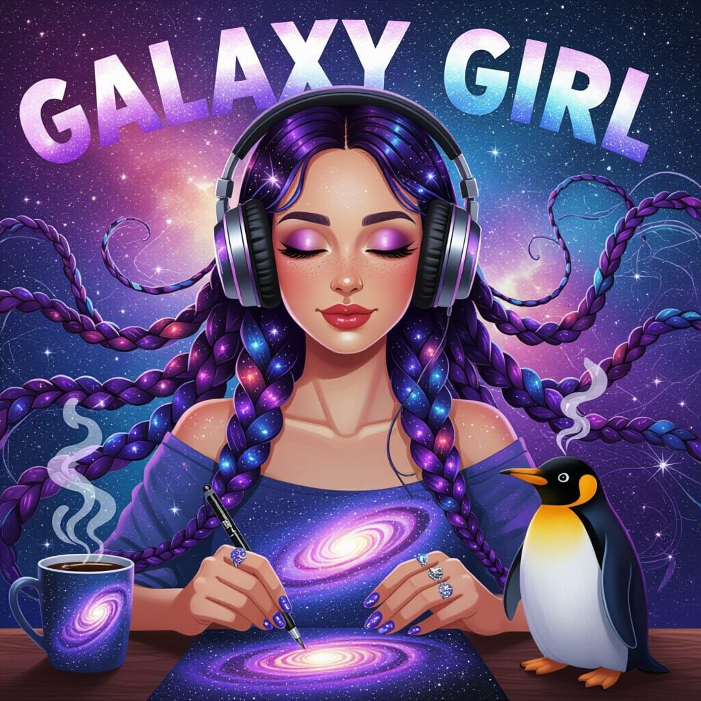Cosmic Girl Enjoys Music Amidst Stars and Penguin