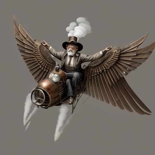 Steampunk Old Man Takes Flight on Wooden Wings