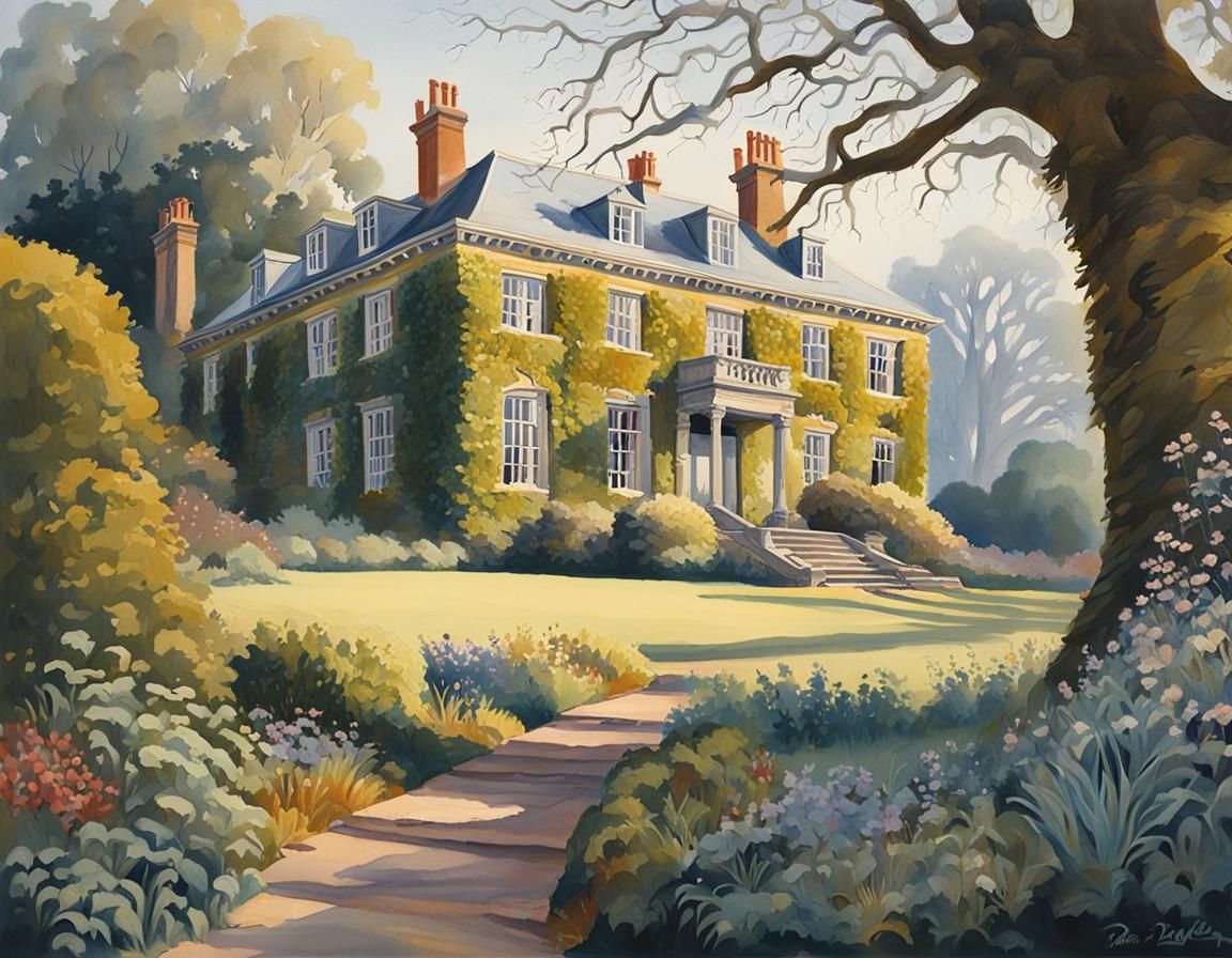 Majestic Country House in Overgrown Gardens as Gouache