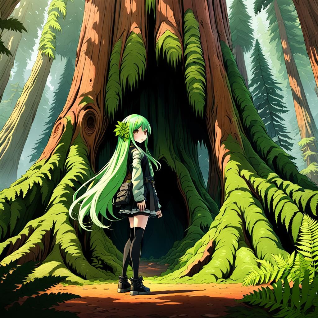 Anime Girl at Giant Sequoia Tree in Matte Painting