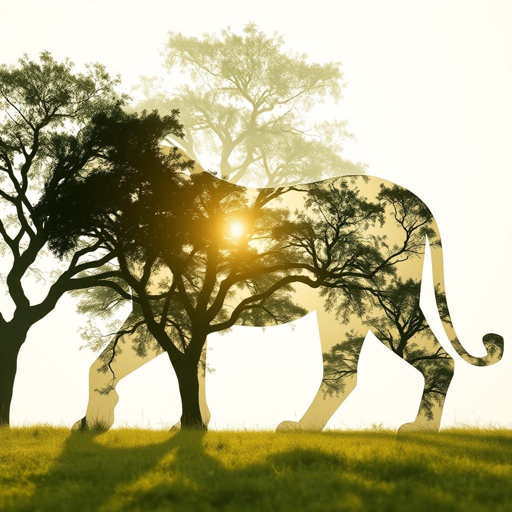 Lion Silhouette with Forest Double Exposure