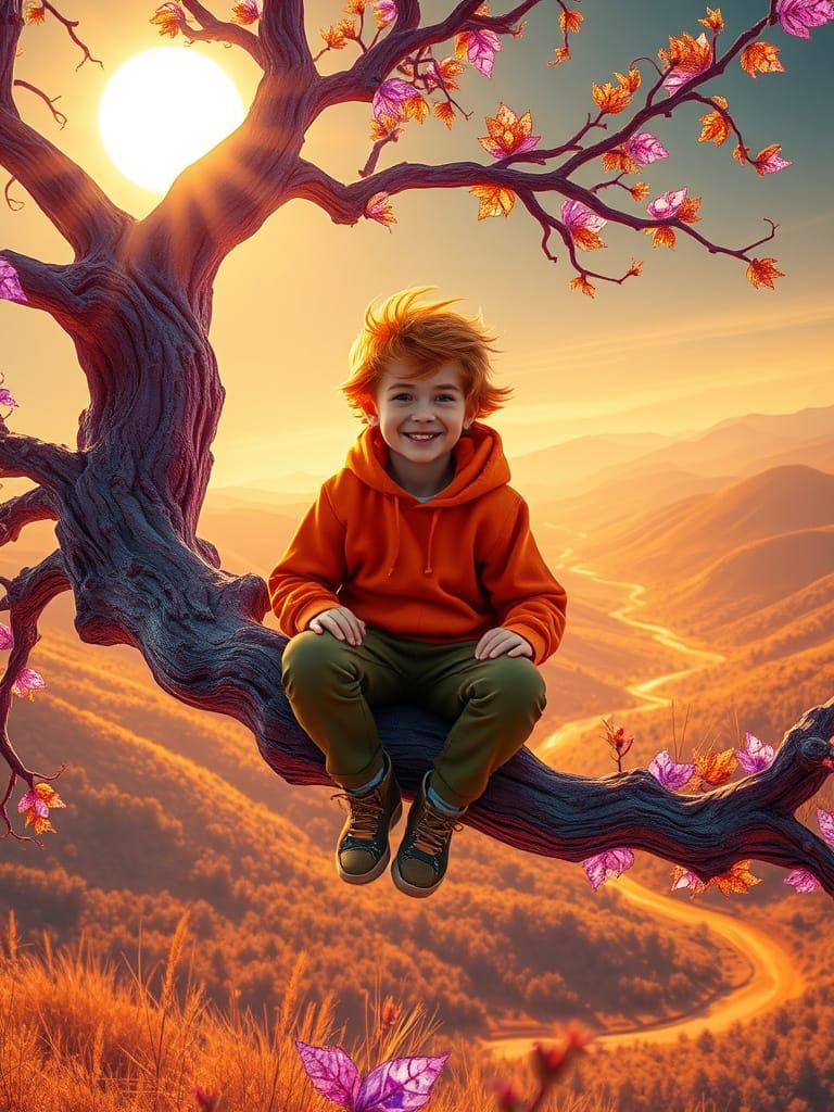 Hyper-Realistic Boy in Neon-Lit Landscape