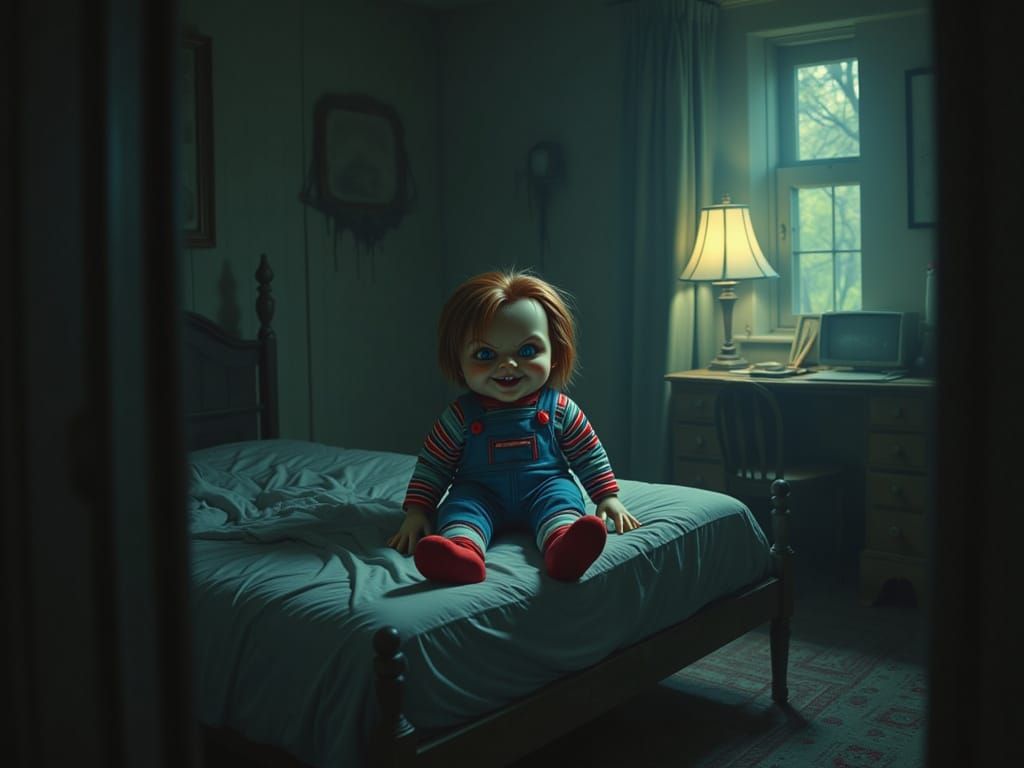 Eerie Chucky Doll in Abandoned Bedroom