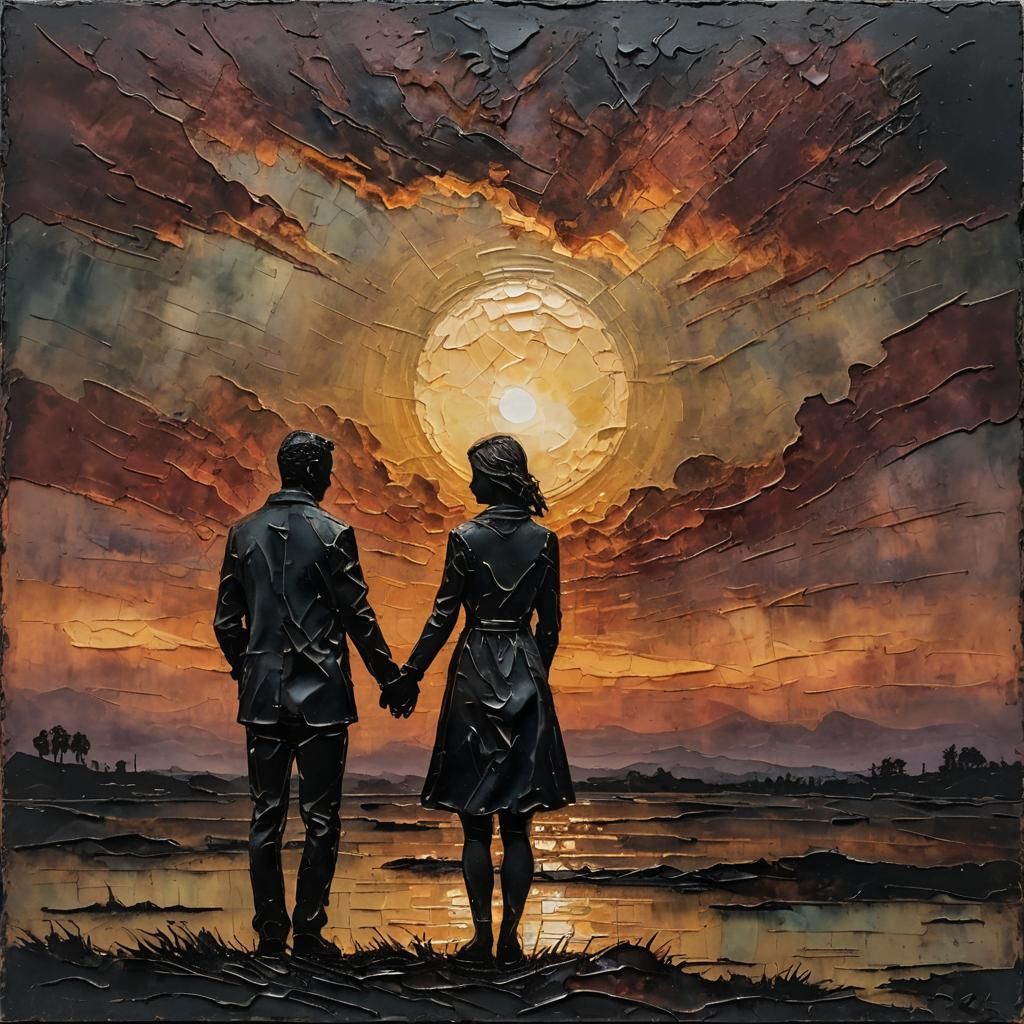 Embracing Couple in Encaustic Impasto Painting